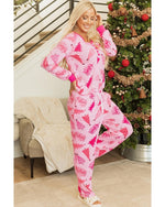 Pink Christmas Tree Print V Neck Buttoned Pullover and Drawstring Pants Lounge Set - S