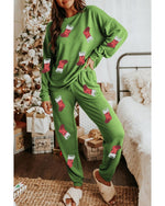 Spinach Green Sequin Christmas Stockings Graphic Two Piece Lounge Set - M