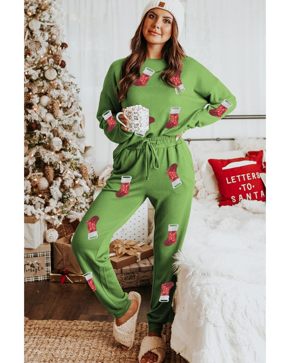 Spinach Green Sequin Christmas Stockings Graphic Two Piece Lounge Set - XL