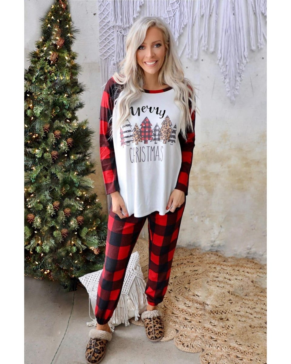 Red Plaid Merry Christmas Graphic Loungewear Set - XL