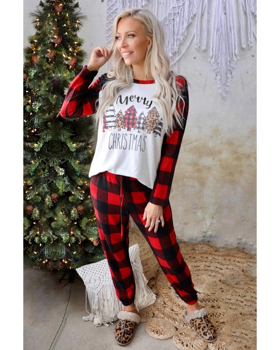 Red Plaid Merry Christmas Graphic Loungewear Set - XL