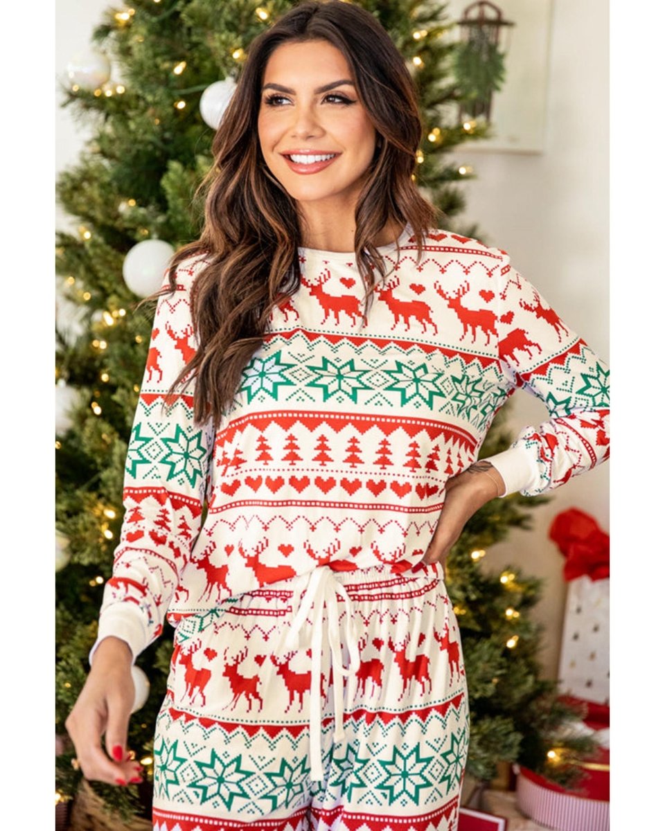 Bright White Christmas Print Pullover and Pants Lounge Set - L