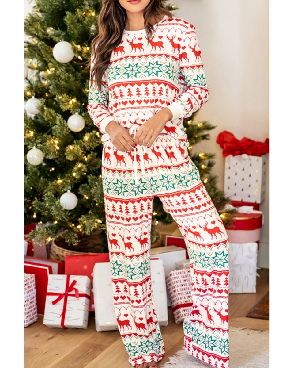 Bright White Christmas Print Pullover and Pants Lounge Set - L