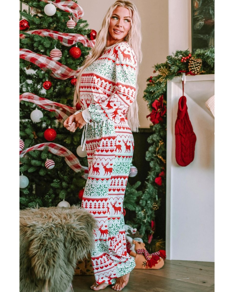 Bright White Christmas Print Pullover and Pants Lounge Set - L