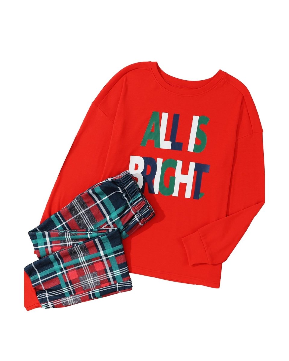 Multicolor ALL IS BRIGHT Graphic Christmas Plaid Pajamas Set - S