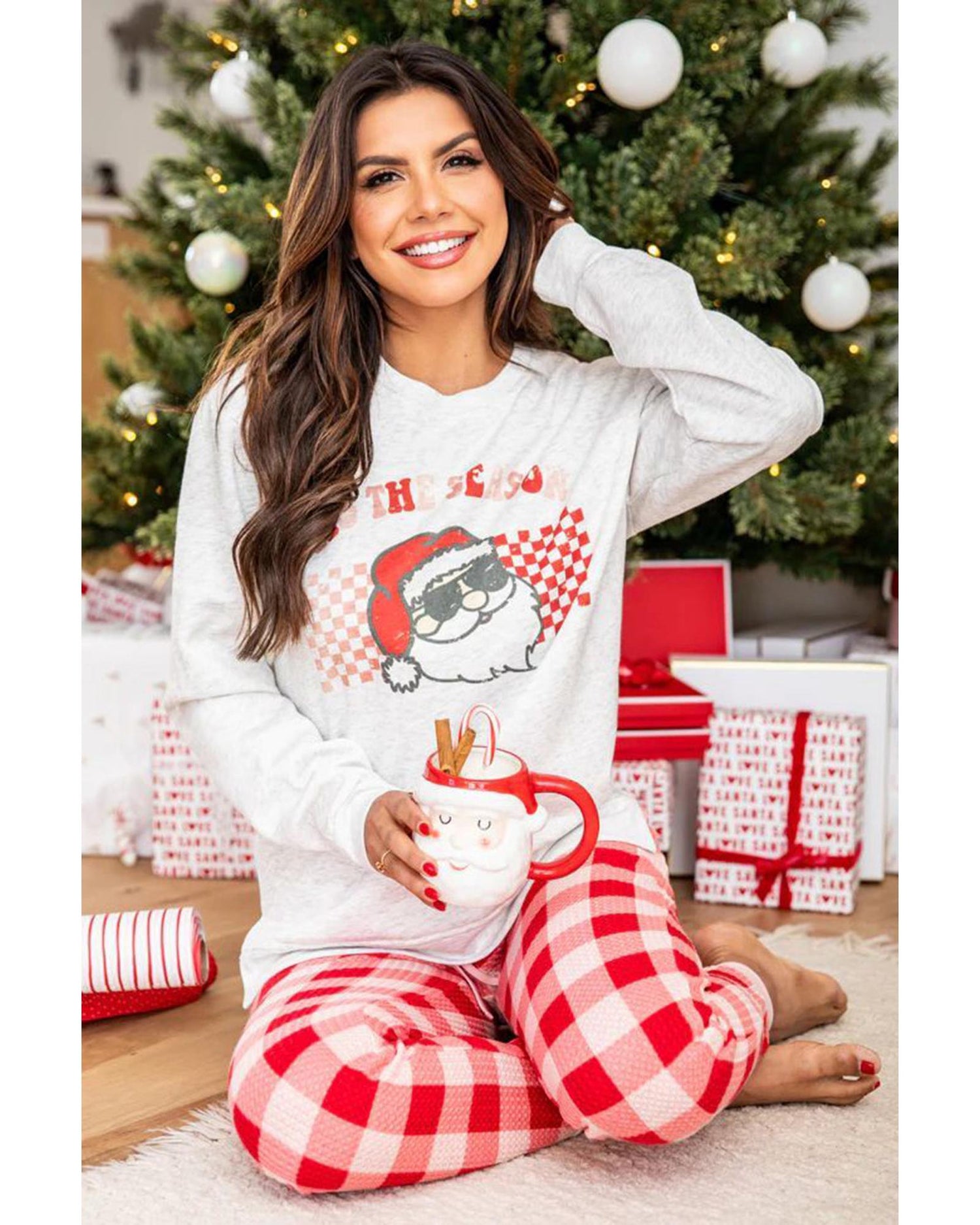 Multicolor Christmas Claus Graphic Top Plaid Pants Lounge Set - L