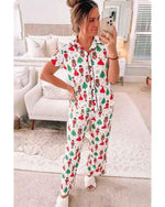 White Printed Christmas Pattern Buttoned Two Piece Sleepwear - L