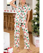 White Printed Christmas Pattern Buttoned Two Piece Sleepwear - L