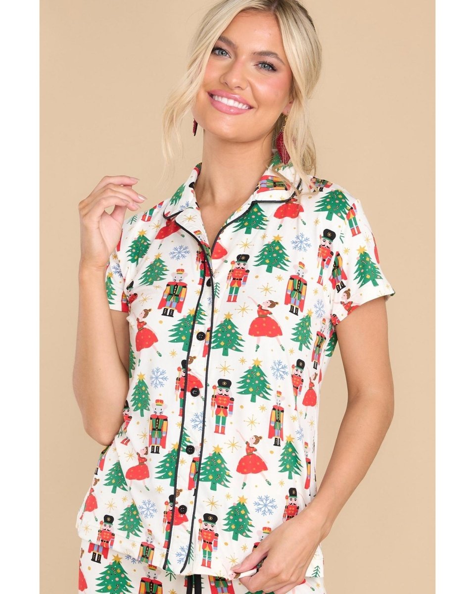 White Printed Christmas Pattern Buttoned Two Piece Sleepwear - M