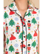 White Printed Christmas Pattern Buttoned Two Piece Sleepwear - M