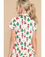 White Printed Christmas Pattern Buttoned Two Piece Sleepwear - XL