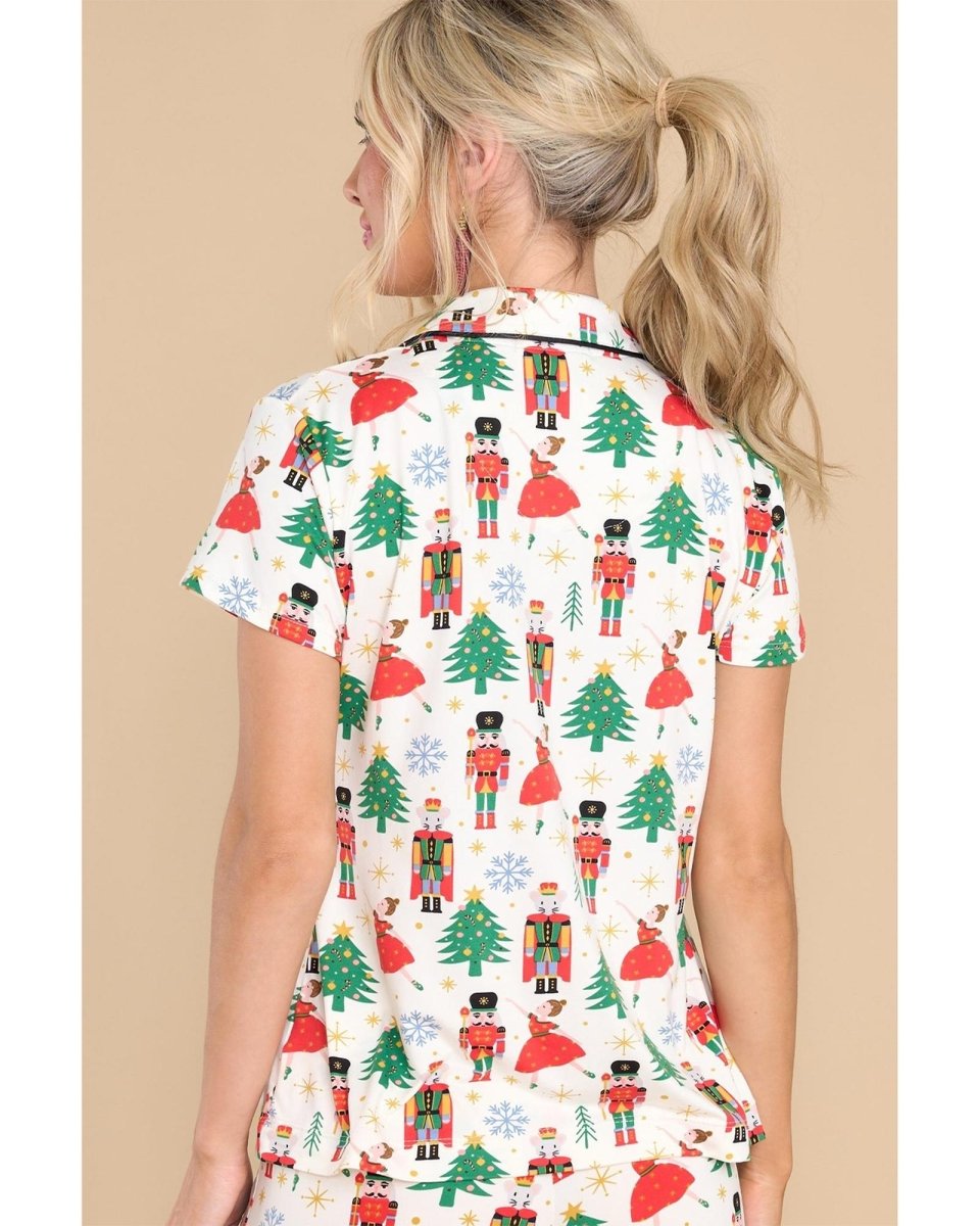 White Printed Christmas Pattern Buttoned Two Piece Sleepwear - XL