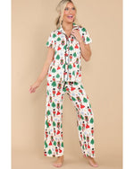 White Printed Christmas Pattern Buttoned Two Piece Sleepwear - XL