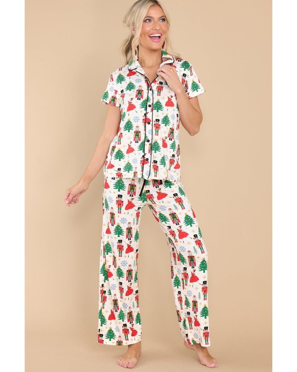 White Printed Christmas Pattern Buttoned Two Piece Sleepwear - XL