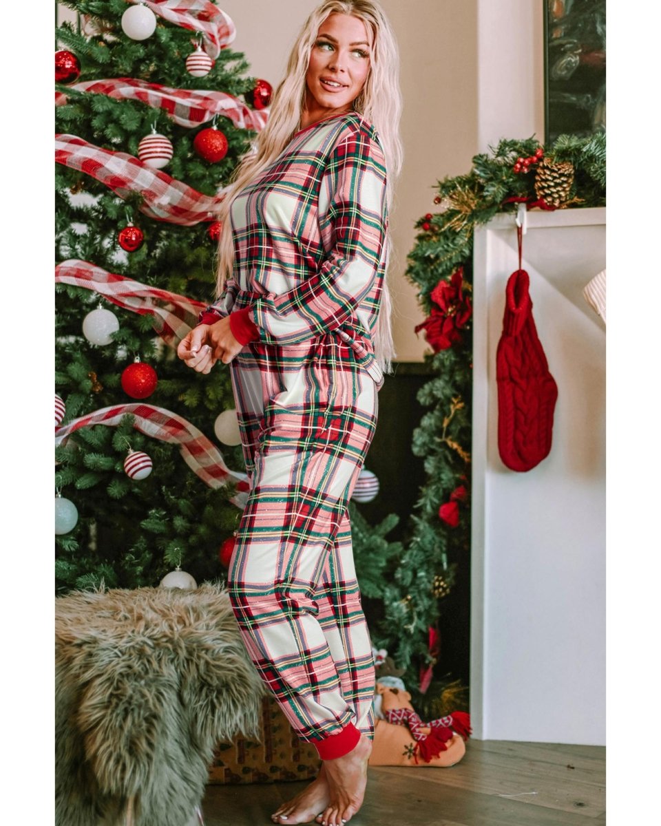 Red Christmas Plaid Allover Top and Pants Lounge Set - XL