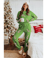 Spinach Green Sequined Christmas Cane Pattern Lounge Sweatsuit - S