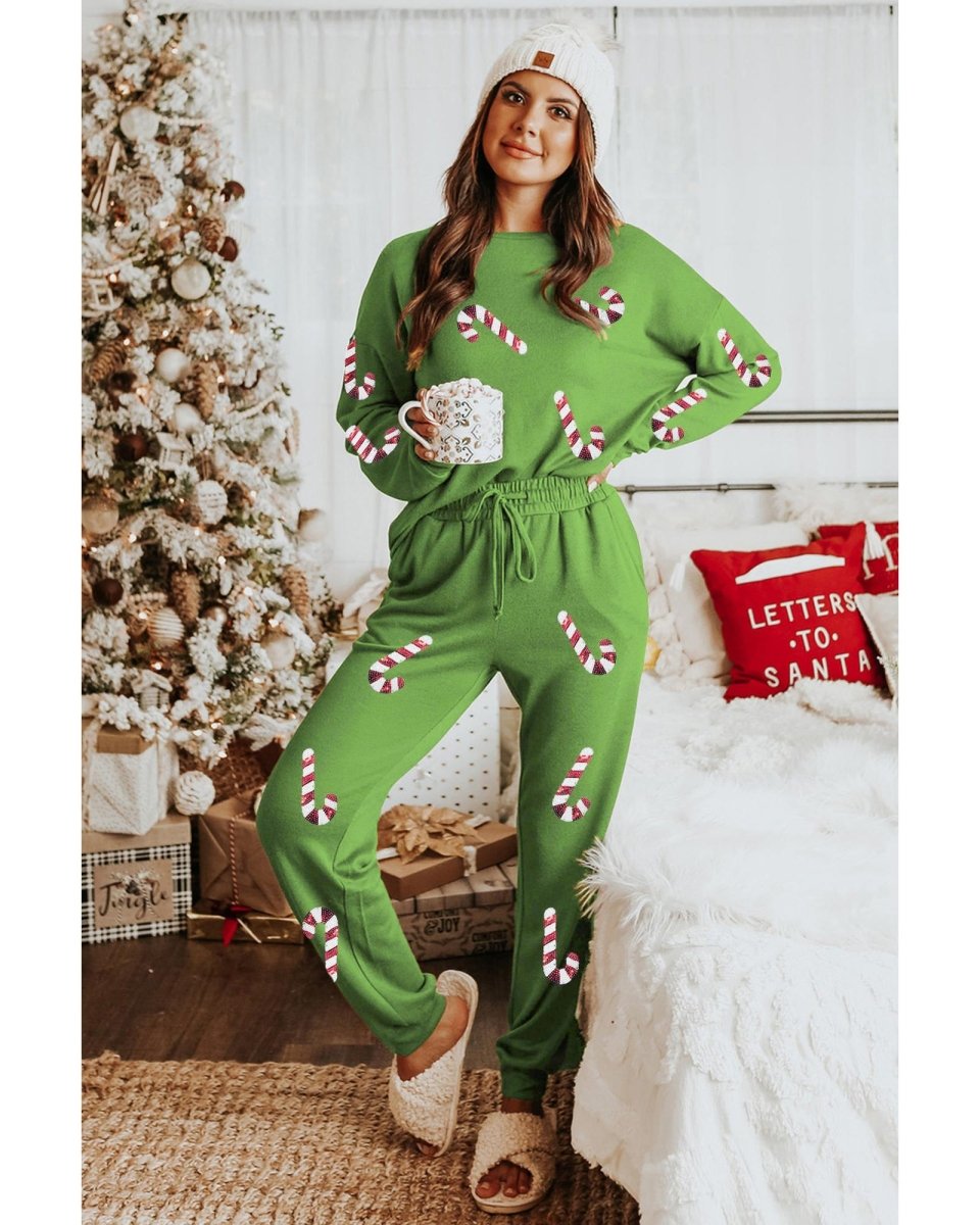 Spinach Green Sequined Christmas Cane Pattern Lounge Sweatsuit - XL