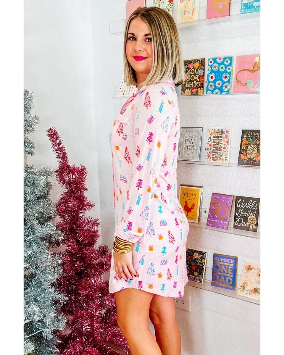 Pink Christmas Twinkle Tree Print Shirt Sleep Dress - M