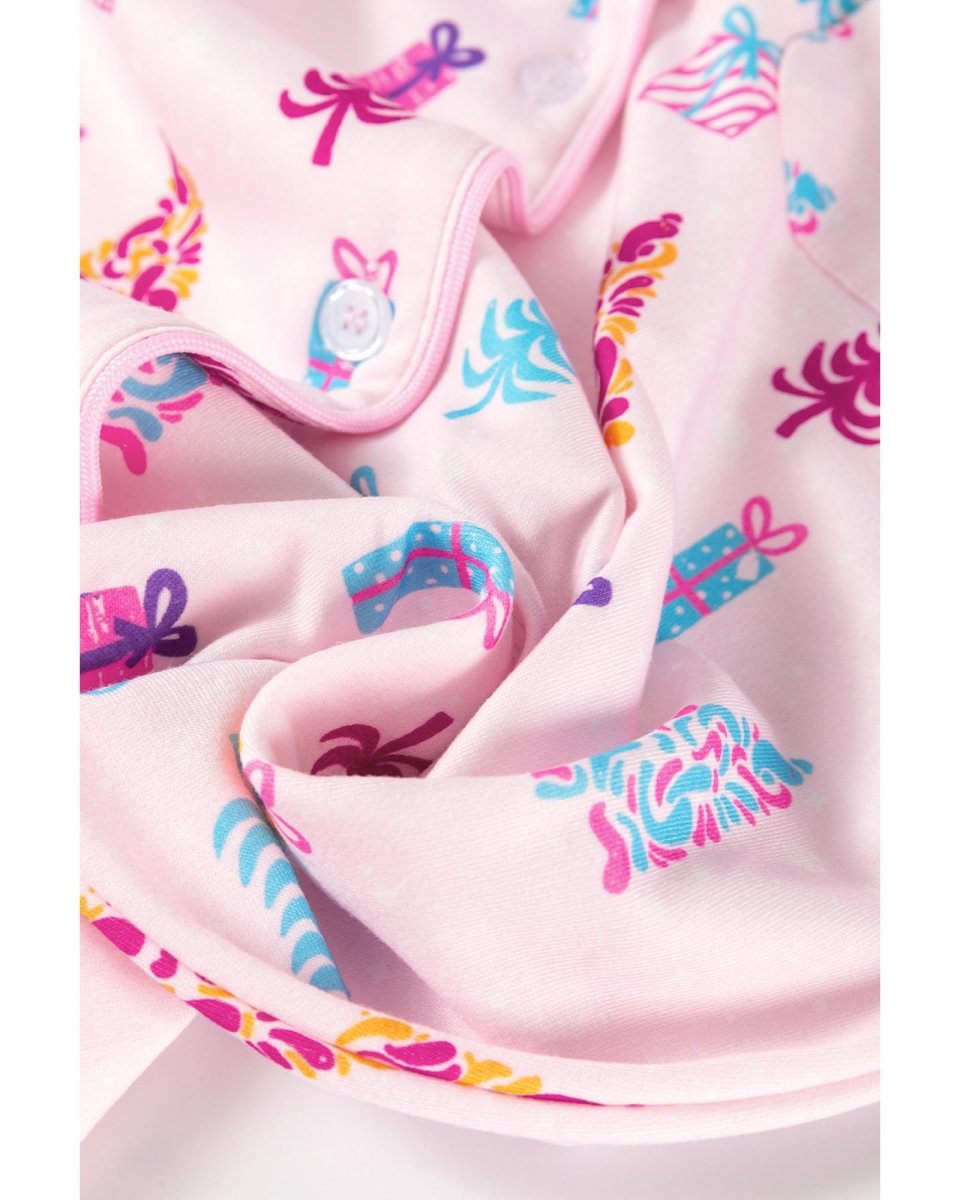 Pink Christmas Twinkle Tree Print Shirt Sleep Dress - M