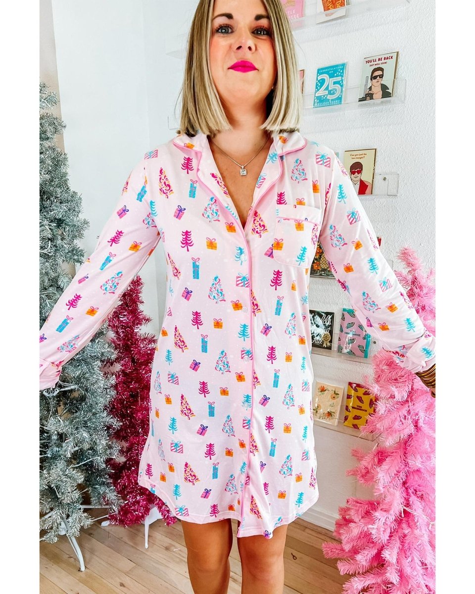 Pink Christmas Twinkle Tree Print Shirt Sleep Dress - S