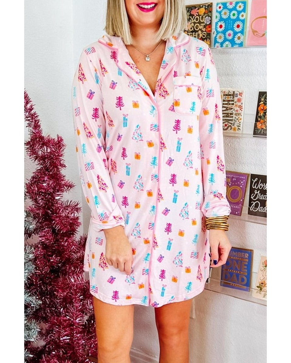 Pink Christmas Twinkle Tree Print Shirt Sleep Dress - S