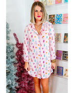 Pink Christmas Twinkle Tree Print Shirt Sleep Dress - S