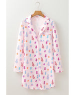 Pink Christmas Twinkle Tree Print Shirt Sleep Dress - S