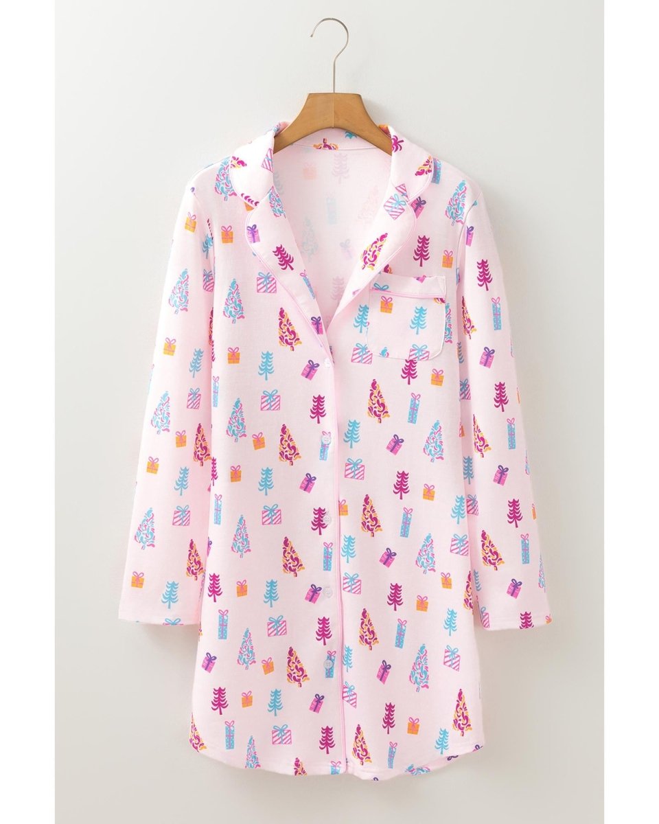 Pink Christmas Twinkle Tree Print Shirt Sleep Dress - S