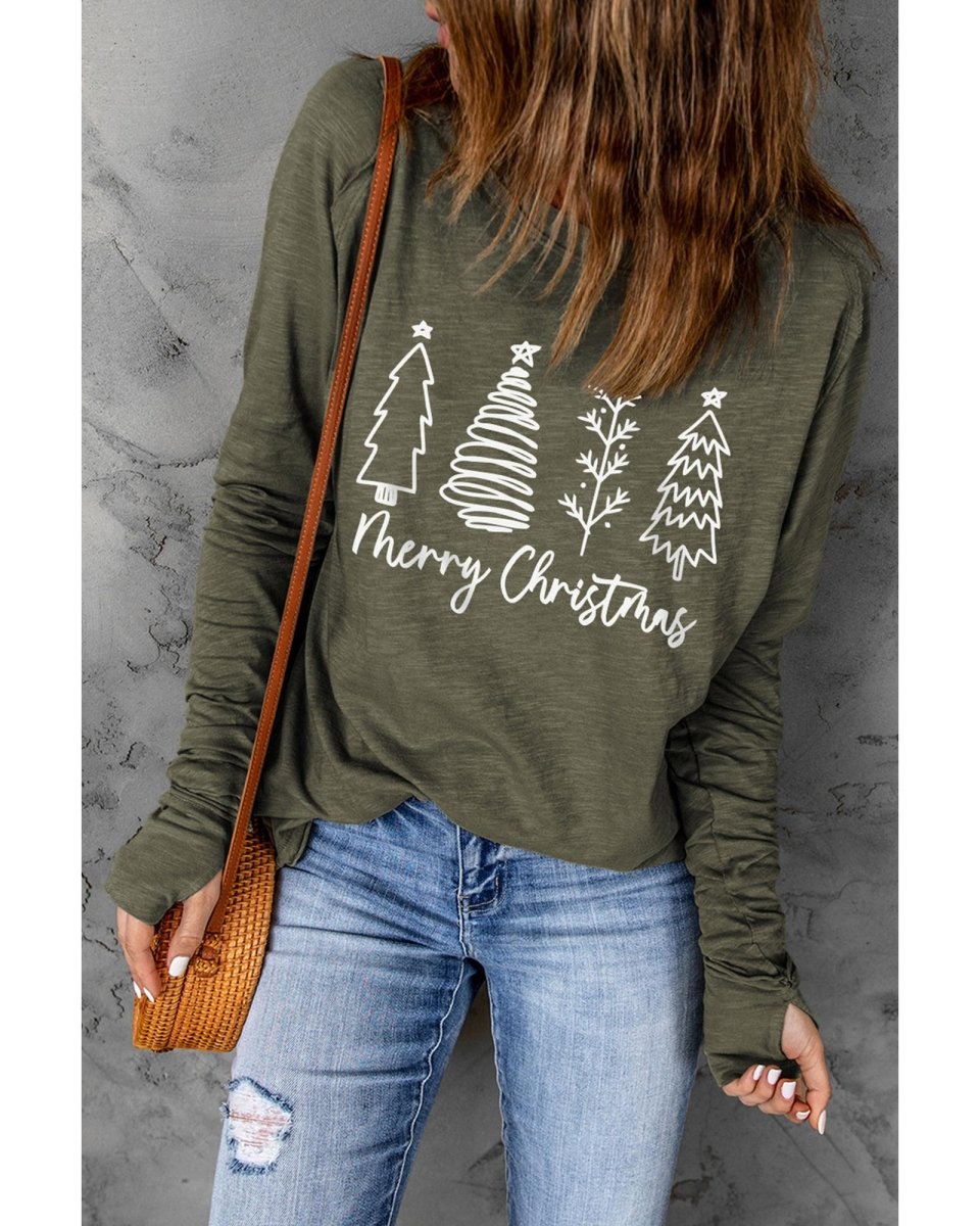 Green Merry Christmas Trees Thumbhole Sleeve Graphic Tee - L