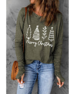 Green Merry Christmas Trees Thumbhole Sleeve Graphic Tee - L