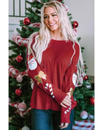 Red Sequined Christmas Favor Sleeve Casual Pullover - L
