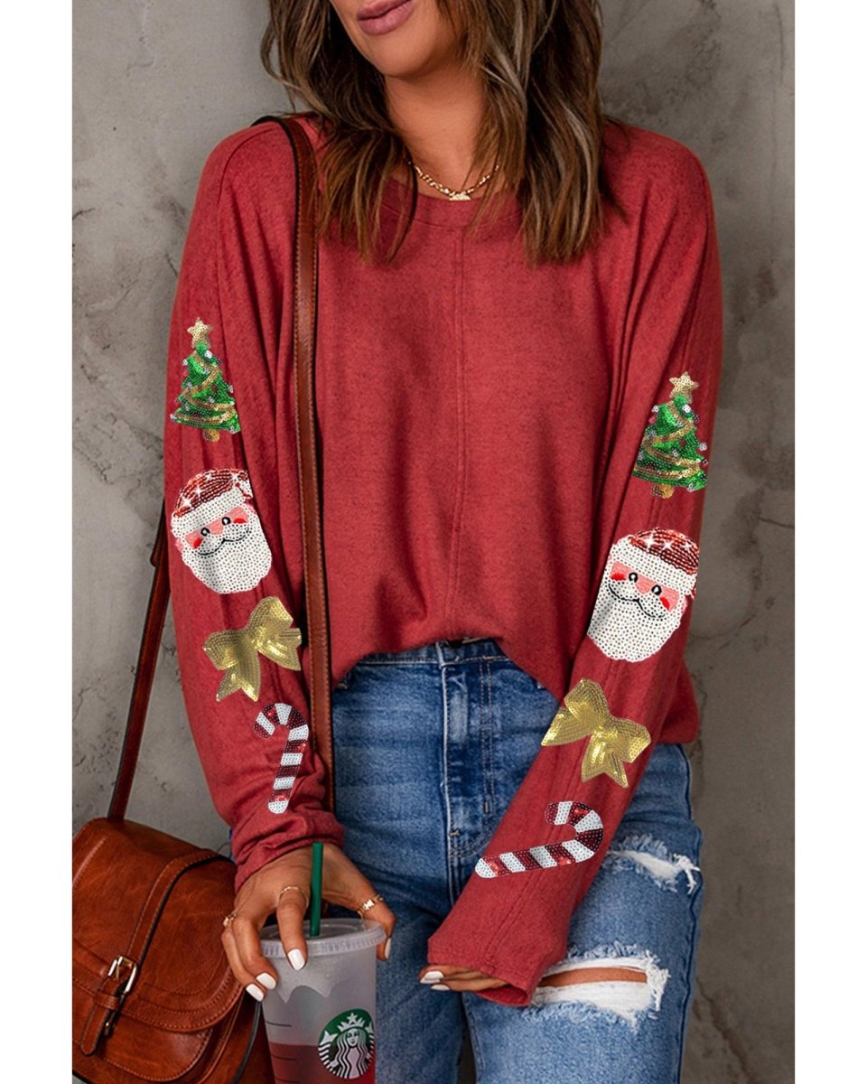 Red Sequined Christmas Favor Sleeve Casual Pullover - S