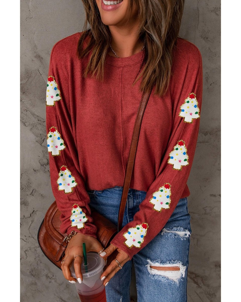 Red Christmas Tree Patch Long Sleeve Casual Top - S