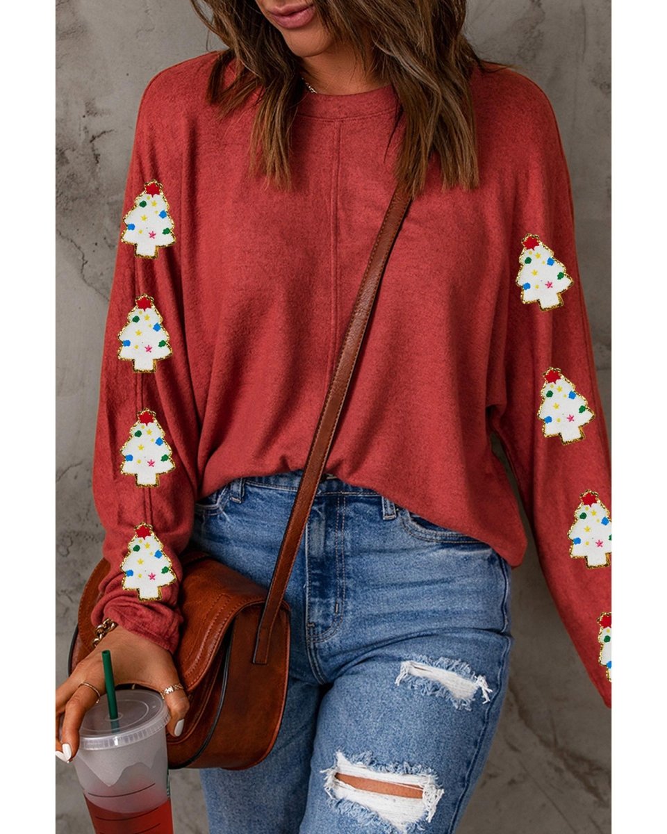 Red Christmas Tree Patch Long Sleeve Casual Top - S