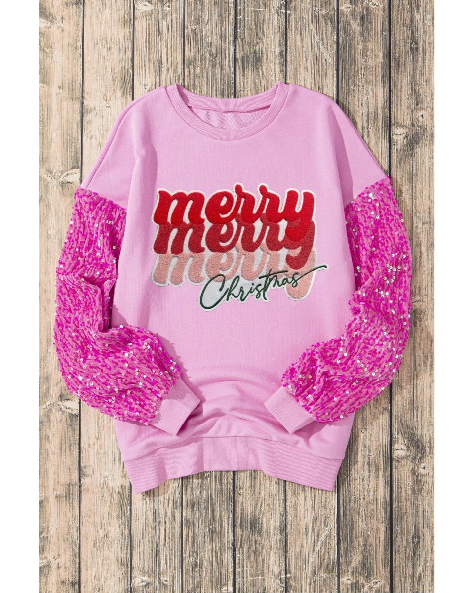 Pink Merry Christmas Graphic Sequin Sleeve Patchwork Top - L
