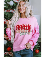 Pink Merry Christmas Graphic Sequin Sleeve Patchwork Top - M