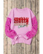 Pink Merry Christmas Graphic Sequin Sleeve Patchwork Top - XL