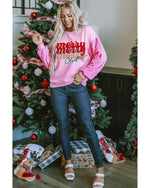 Pink Merry Christmas Graphic Sequin Sleeve Patchwork Top - XL