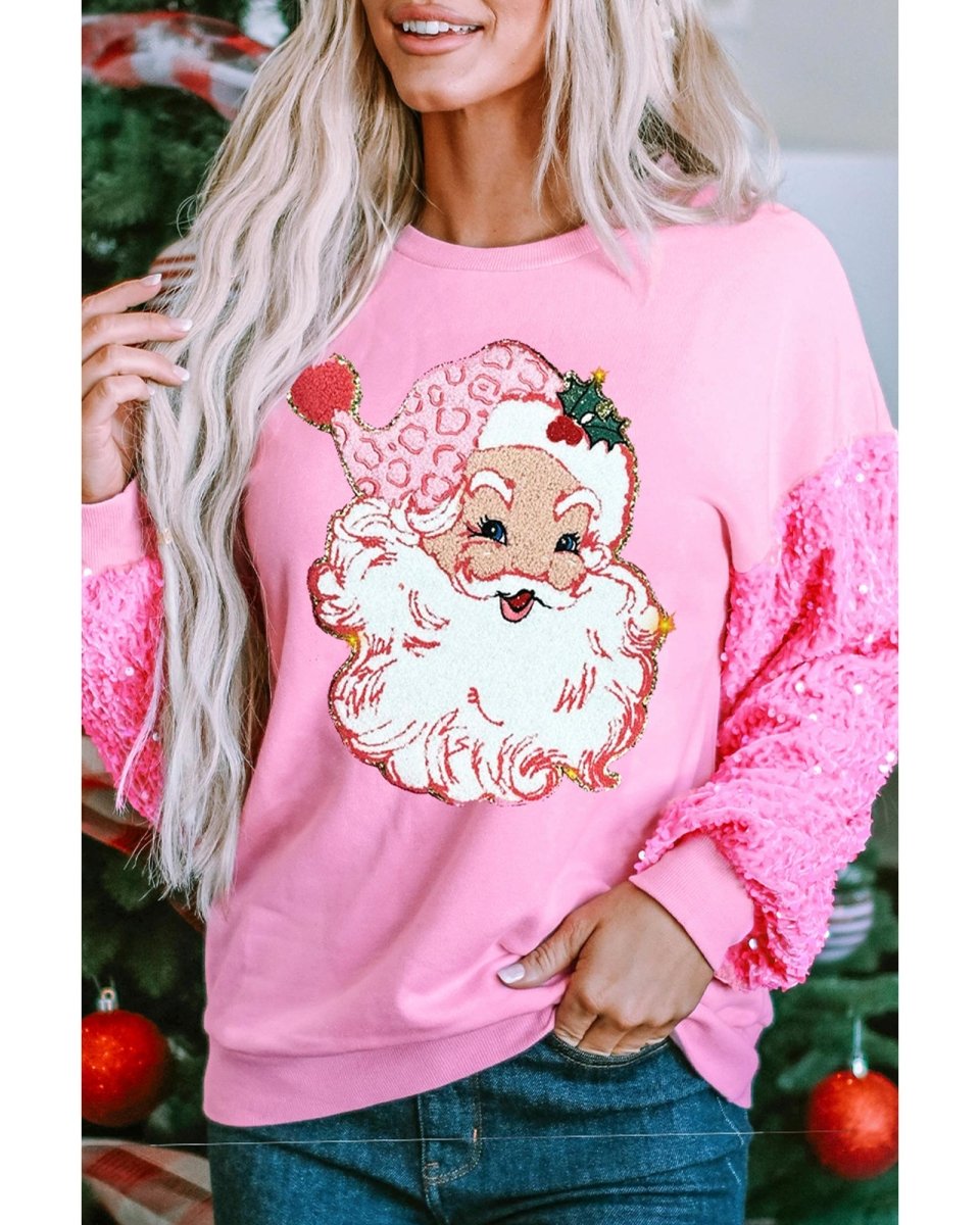 Pink Shiny Father Christmas Graphic Sequin Long Sleeve Top - M