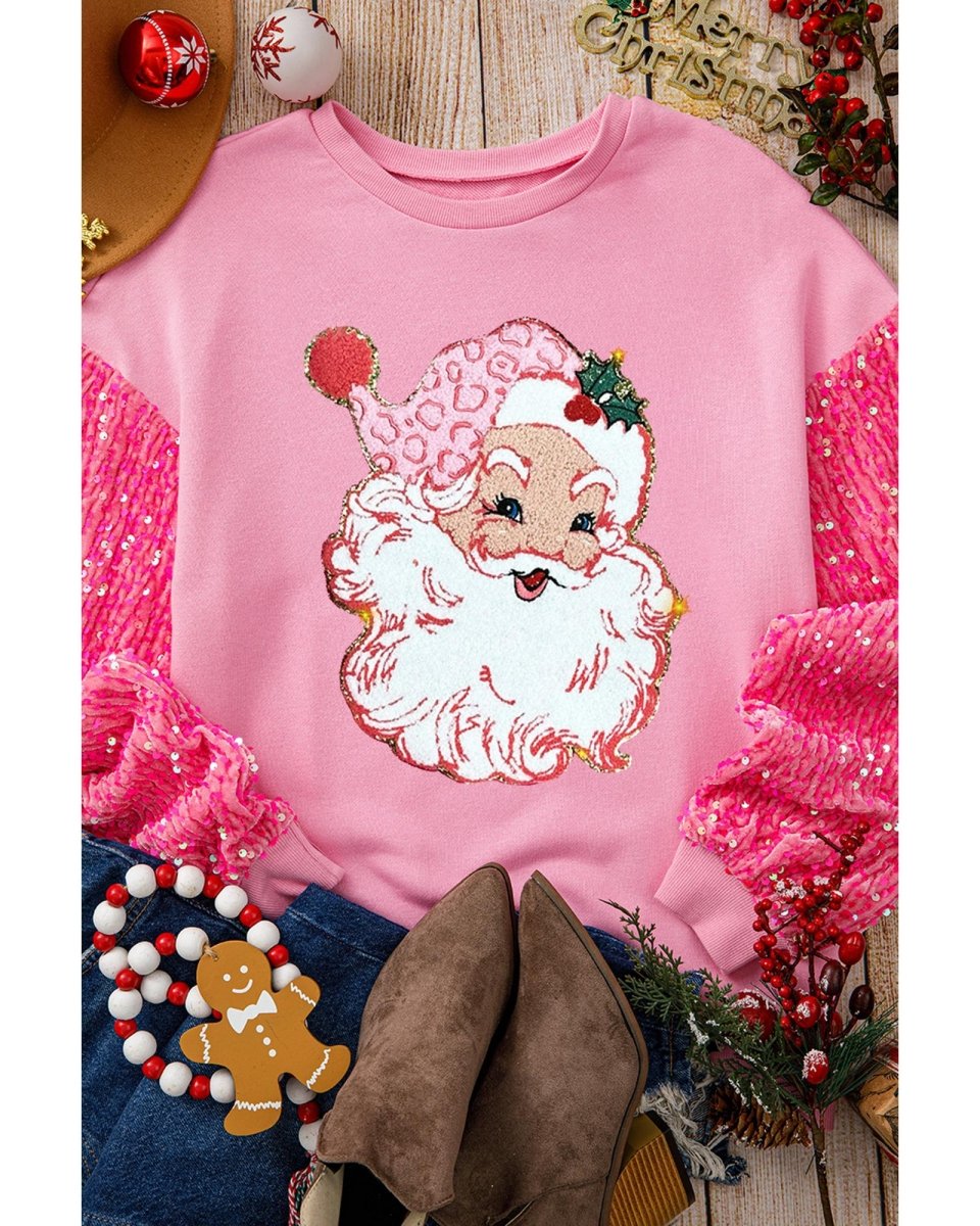 Pink Shiny Father Christmas Graphic Sequin Long Sleeve Top - XL
