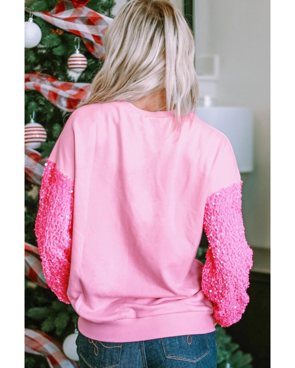 Pink Christmas Nutcracker Graphic Sequin Patchwork Long Sleeve Top - S