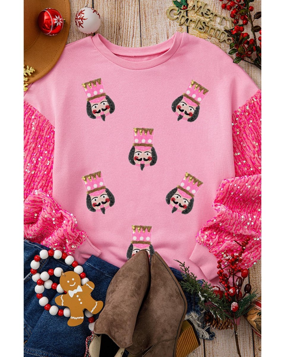 Pink Christmas Nutcracker Graphic Sequin Patchwork Long Sleeve Top - XL