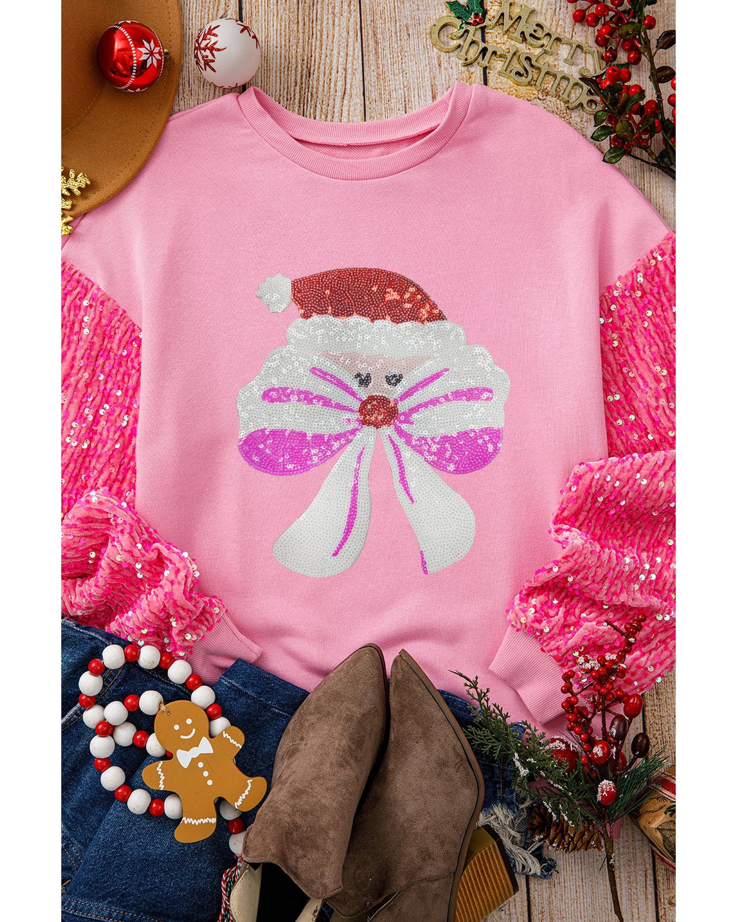 Pink Bow Father Christmas Graphic Sequin Patchwork Long Sleeve Top - XL