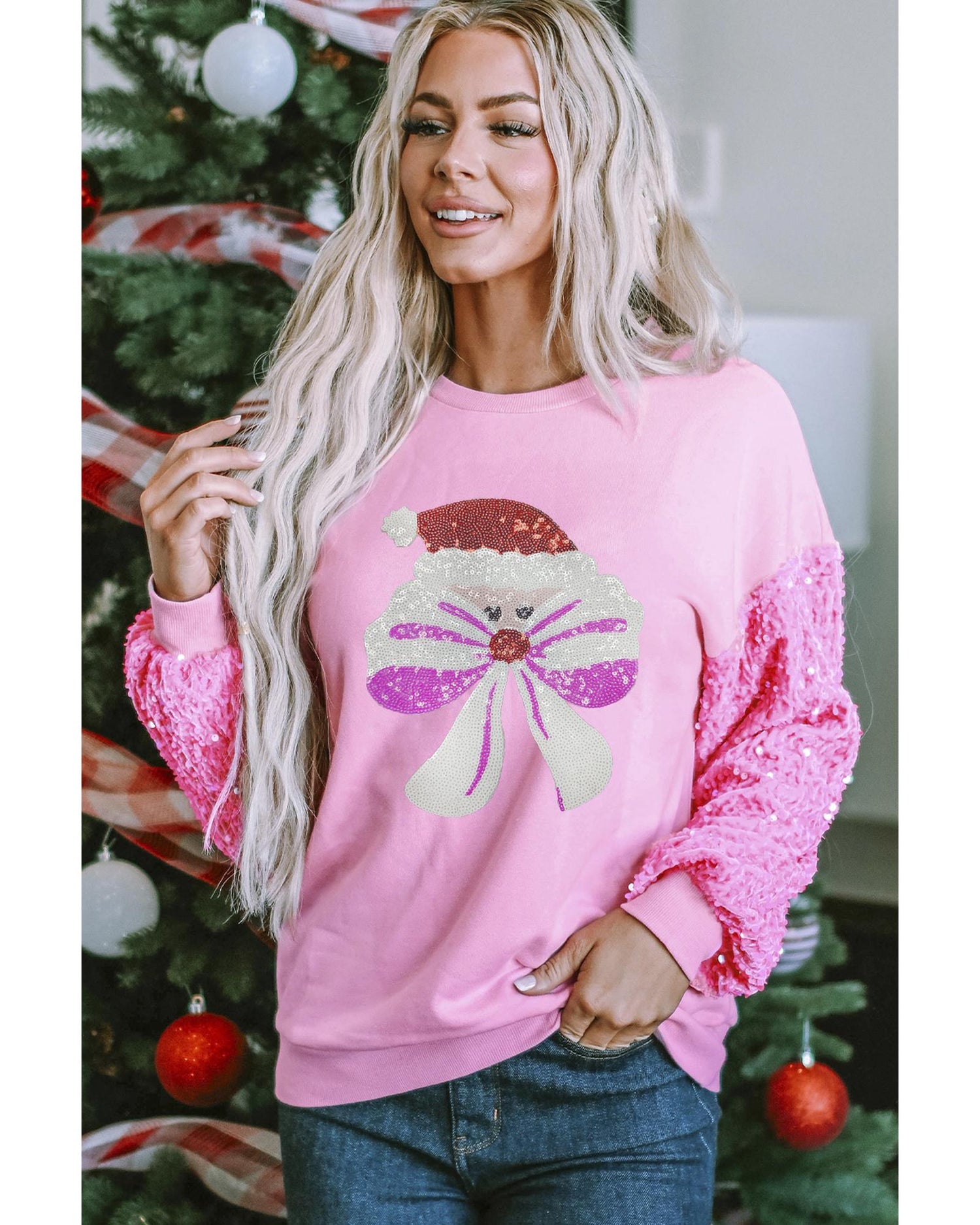 Pink Bow Father Christmas Graphic Sequin Patchwork Long Sleeve Top - XL