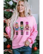 Pink Nutcracker Graphic Christmas Sequin Sleeve Drop Shoulder Top - XL