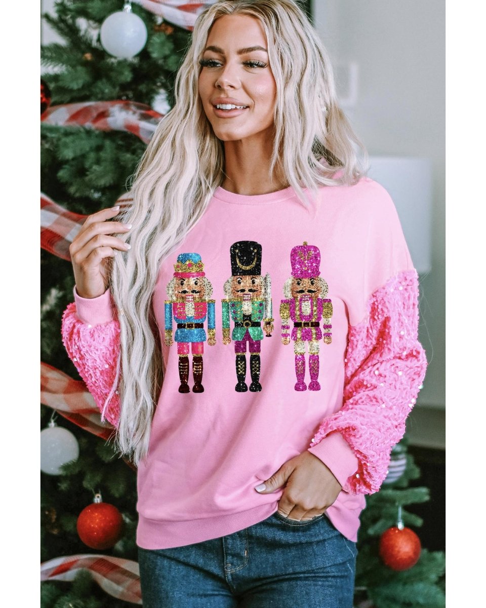 Pink Nutcracker Graphic Christmas Sequin Sleeve Drop Shoulder Top - XL