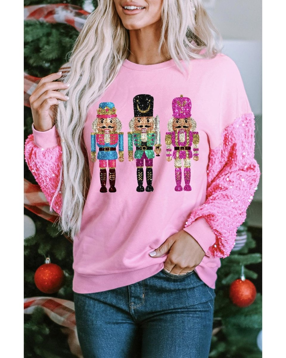 Pink Nutcracker Graphic Christmas Sequin Sleeve Drop Shoulder Top - XL
