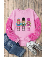 Pink Nutcracker Graphic Christmas Sequin Sleeve Drop Shoulder Top - XL
