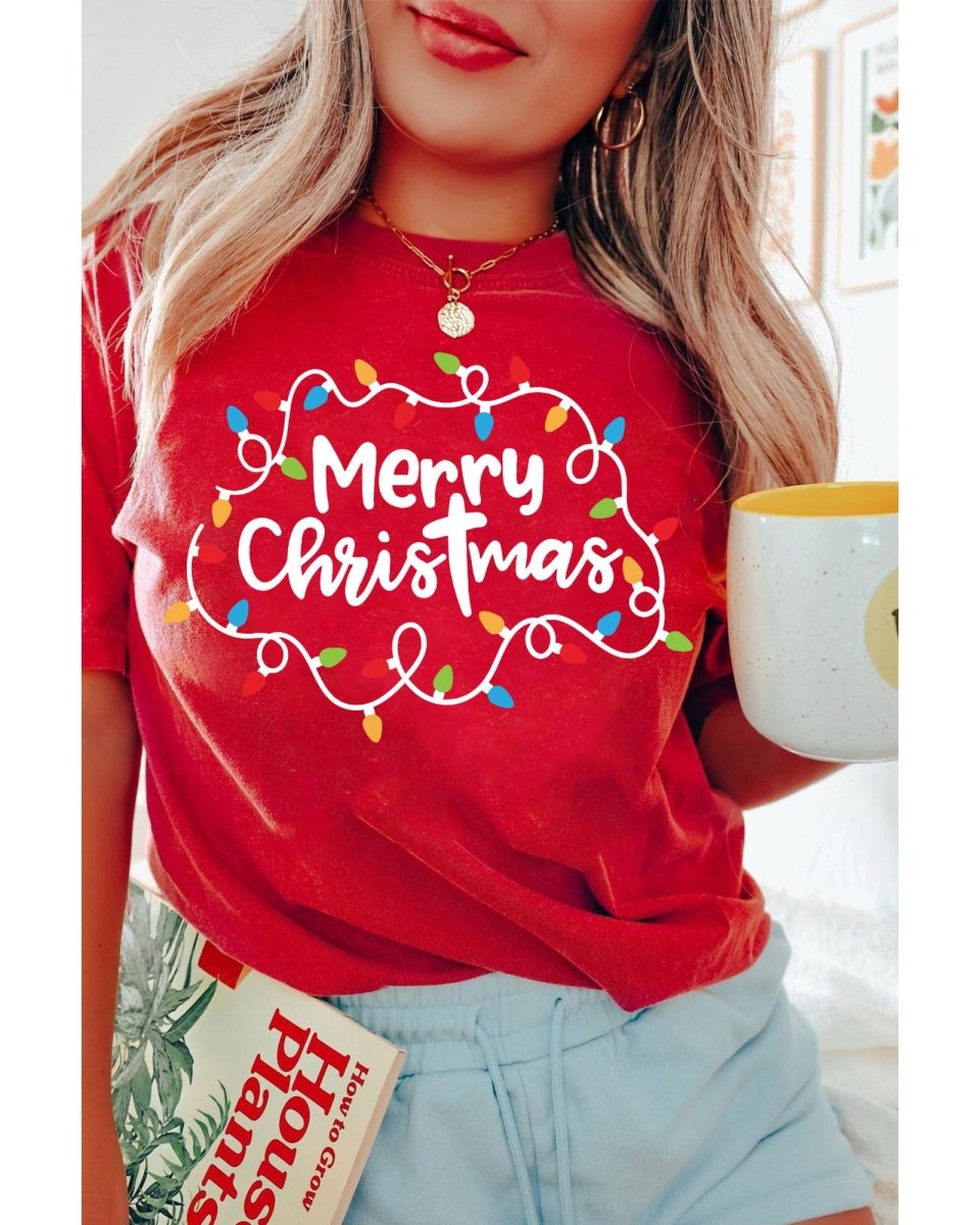 Red Merry Christmas Lights Print Crew Neck T Shirt - L