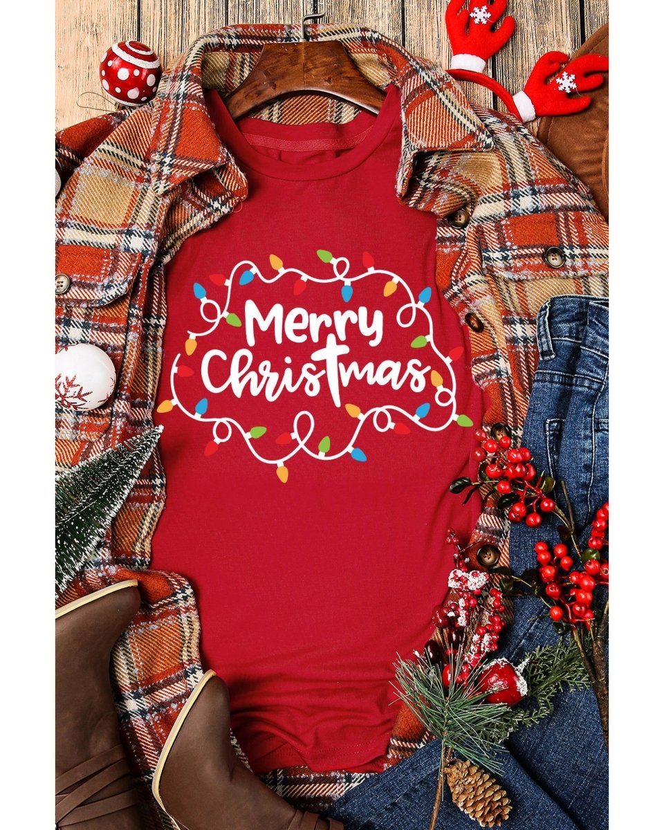 Red Merry Christmas Lights Print Crew Neck T Shirt - L